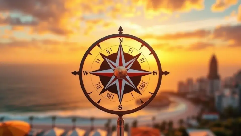 A stylized compass rose with key values like 'Honesty', 'Family', 'Creativity' written on its Bússola com valores pessoais guiando para um propósito de vida.