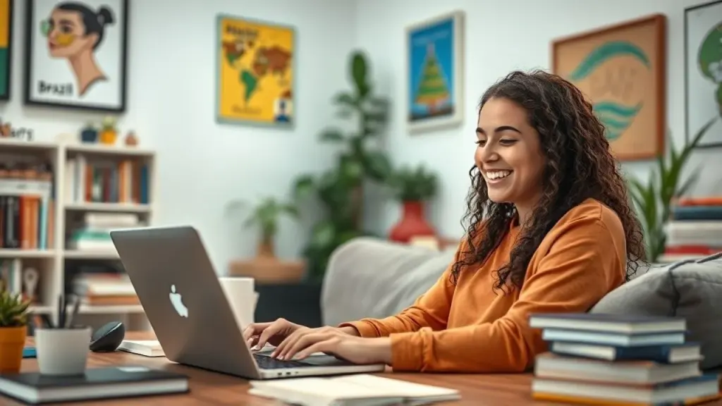 A young Brazilian woman smiling, coding on a laptop in a brightly lit home office, surrounded by Jovem brasileira sorrindo, programando em casa. Aprendizado de programação, atmosfera positiva.