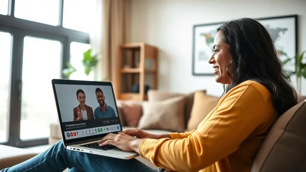 Brazilian freelancer receiving positive feedback on a laptop screen during a video call, natural Freelancer brasileiro recebendo feedback positivo em videochamada. Sucesso com clientes.