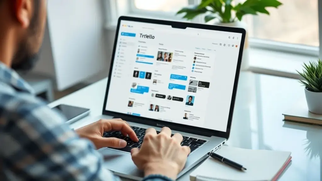 Brazilian freelancer using Trello on a laptop, showcasing project management, surrounded by a Freelancer brasileiro usando Trello para gerenciar projetos. Organização e produtividade.