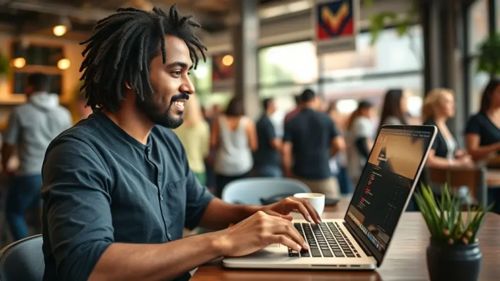 Brazilian freelancer working remotely on a laptop at a vibrant coffee shop in São Paulo, natural Freelancer brasileiro trabalhando remotamente em cafeteria. Liberdade e flexibilidade.