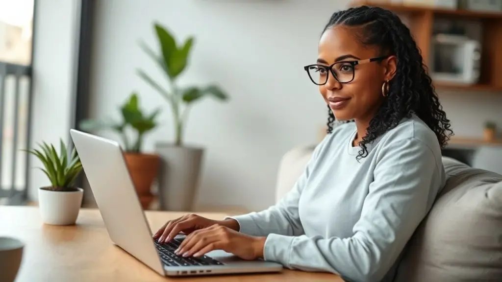 Brazilian woman confidently saying 'no' to a project on her laptop while working from home, Mulher brasileira estabelecendo limites alinhados com seus valores.