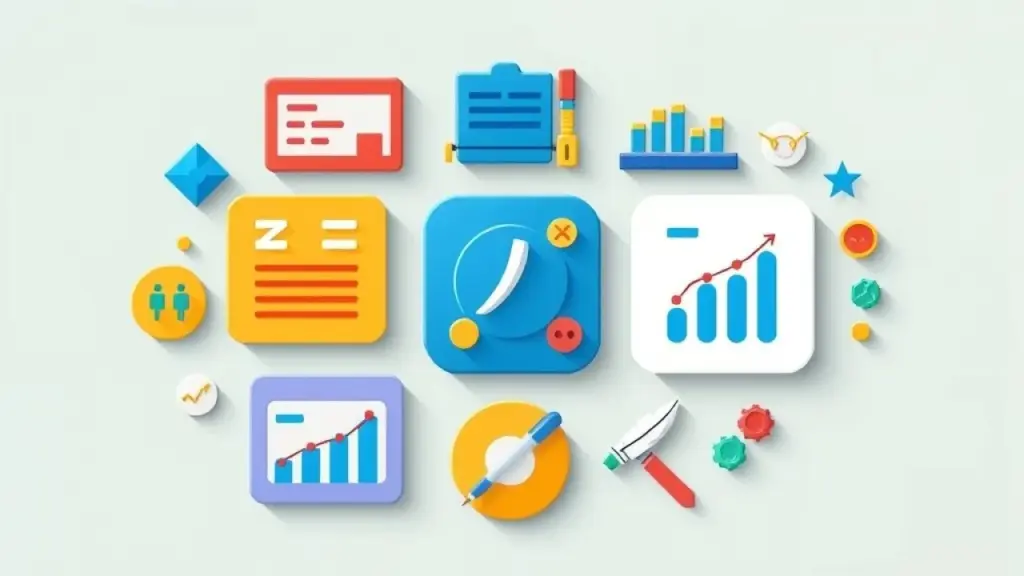 Collage of icons representing in-demand freelance skills: web development code snippets, graphic Ícones de habilidades freelancer: desenvolvimento web, design, marketing, redação, consultoria.