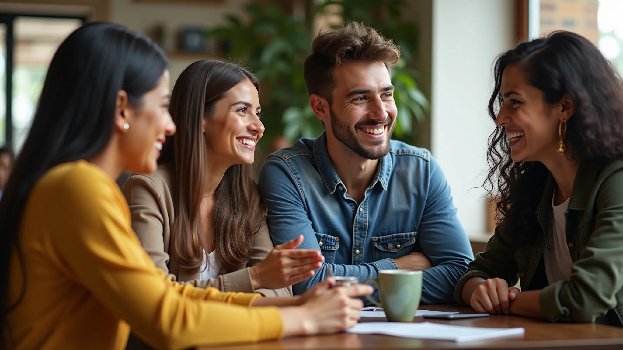 Jovens diversos conversando sobre carreiras em um café aconchegante.