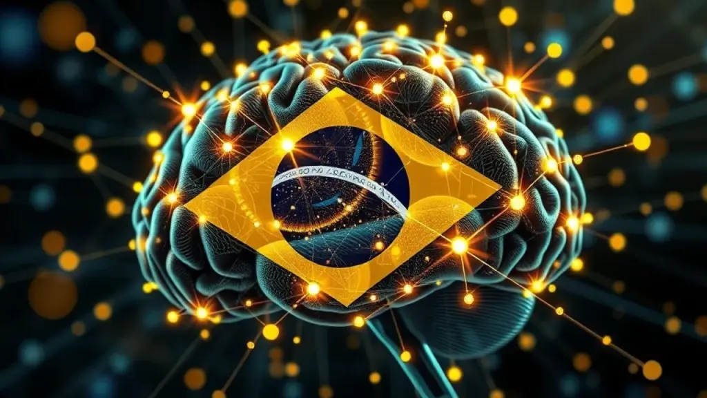Conceptual image of a brain with interconnected nodes representing different programming languages Cérebro com nós interconectados representando linguagens e tecnologias. Aprendizado contínuo.