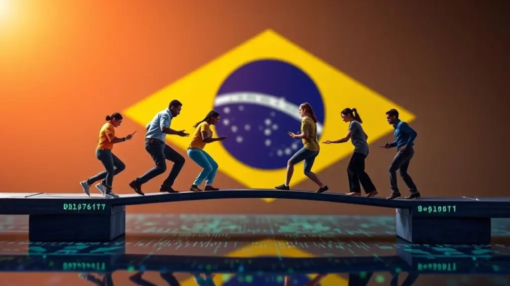 Conceptual image of a diverse group of Brazilians building a digital bridge, symbolizing coding as Brasileiros constroem ponte digital, simbolizando programação como comunicação. Diversidade e inclusão.