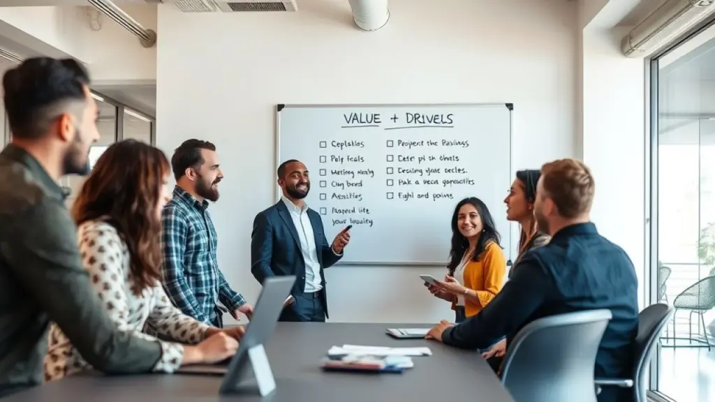Diverse group of Brazilian professionals collaborating in a modern office, whiteboard with Profissionais brasileiros alinhados com valores em ambiente de trabalho.