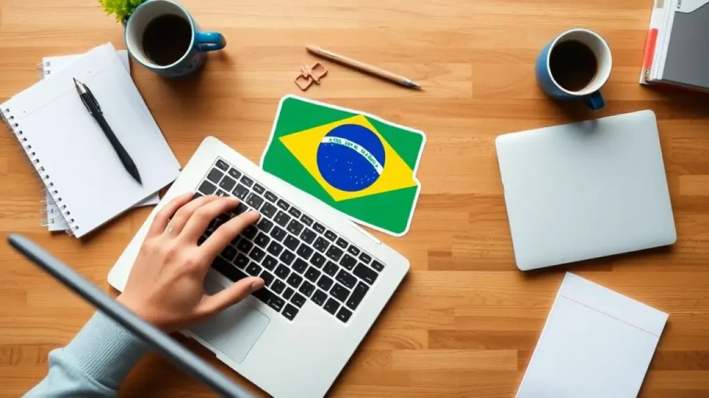 Hands typing on a laptop with a Brazilian flag sticker, surrounded by notebooks and a coffee mug on Mãos digitando em laptop com adesivo da bandeira do Brasil. Trabalho freelancer.