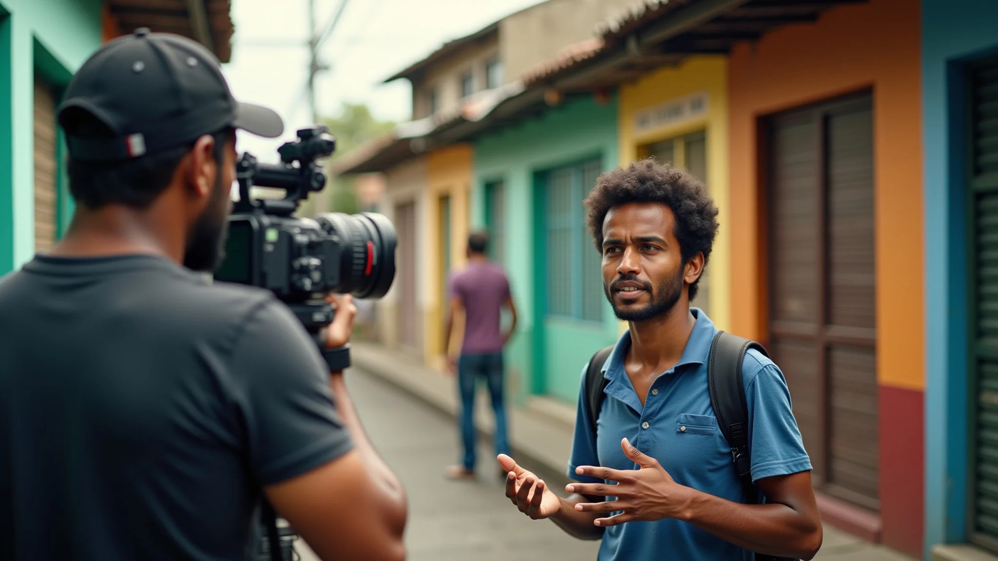 Jornalista entrevistando uma fonte em uma favela brasileira, com luz natural e foco nítido.