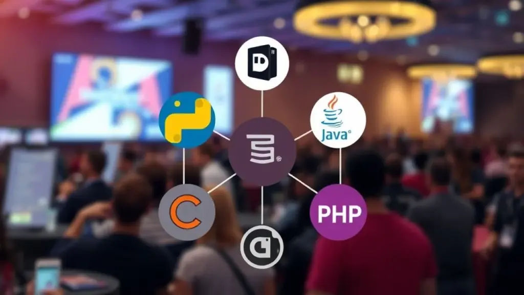Infographic showcasing the logos of Python, JavaScript, Java, C#, and PHP arranged in a circular Infográfico com logos de Python, JavaScript, Java, C#, PHP. Versatilidade das linguagens de programação.
