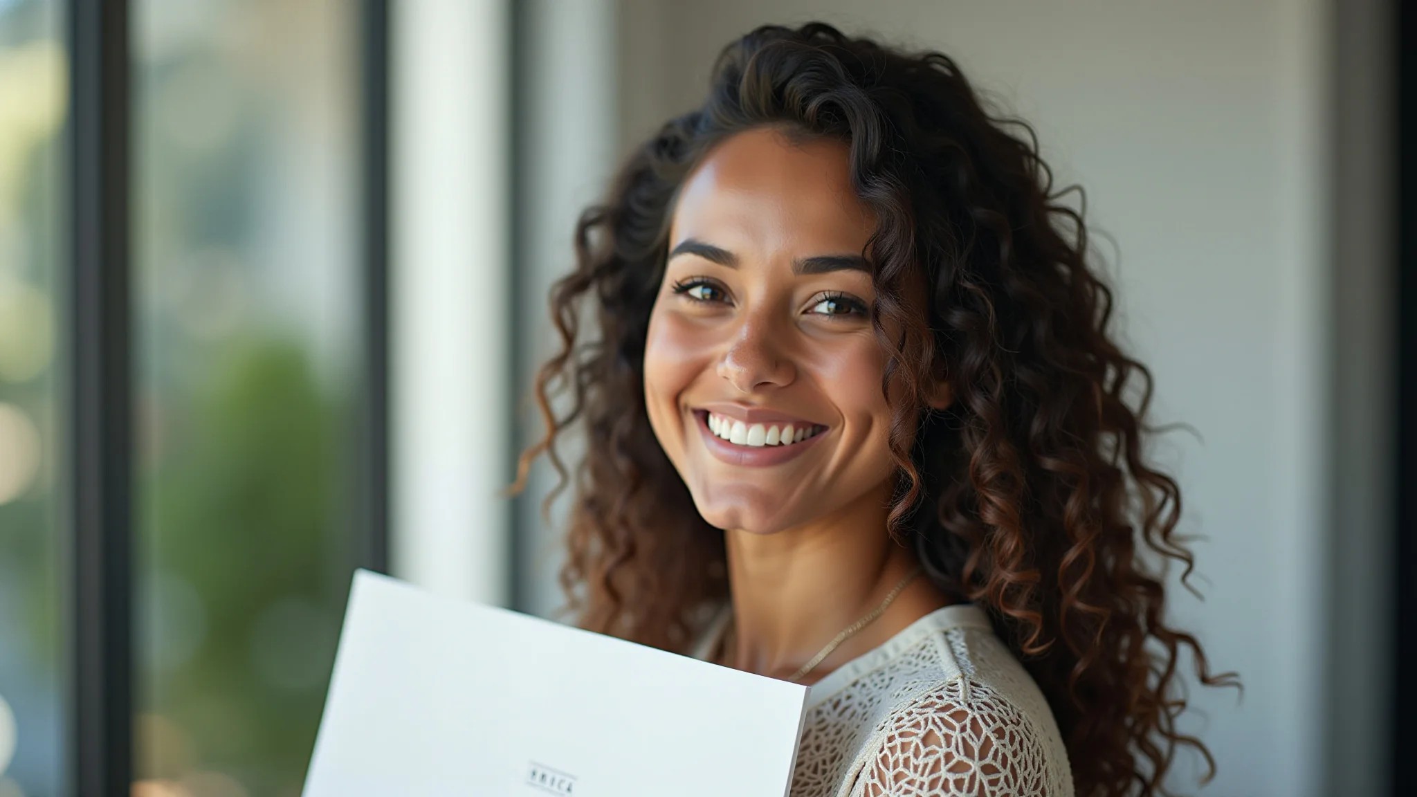 Jovem brasileira sorrindo com diploma de jornalismo, confiante e feliz.