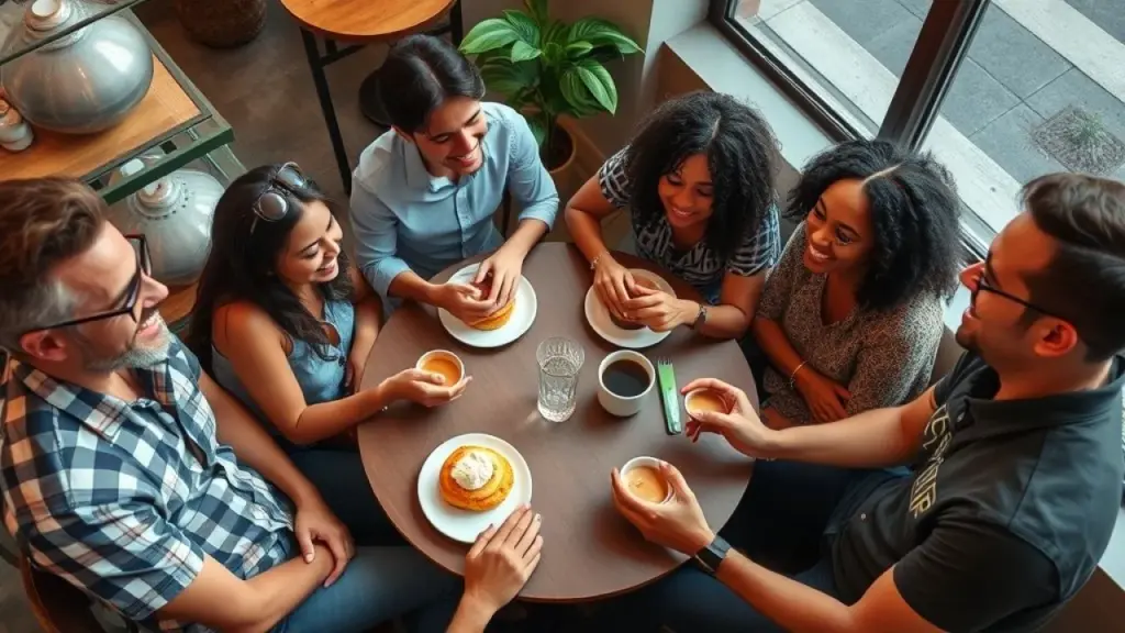 Overhead shot of a diverse group of Brazilian friends laughing and talking at a cafe table, sharing Amigos brasileiros reunidos em café, compartilhando momentos e valores.