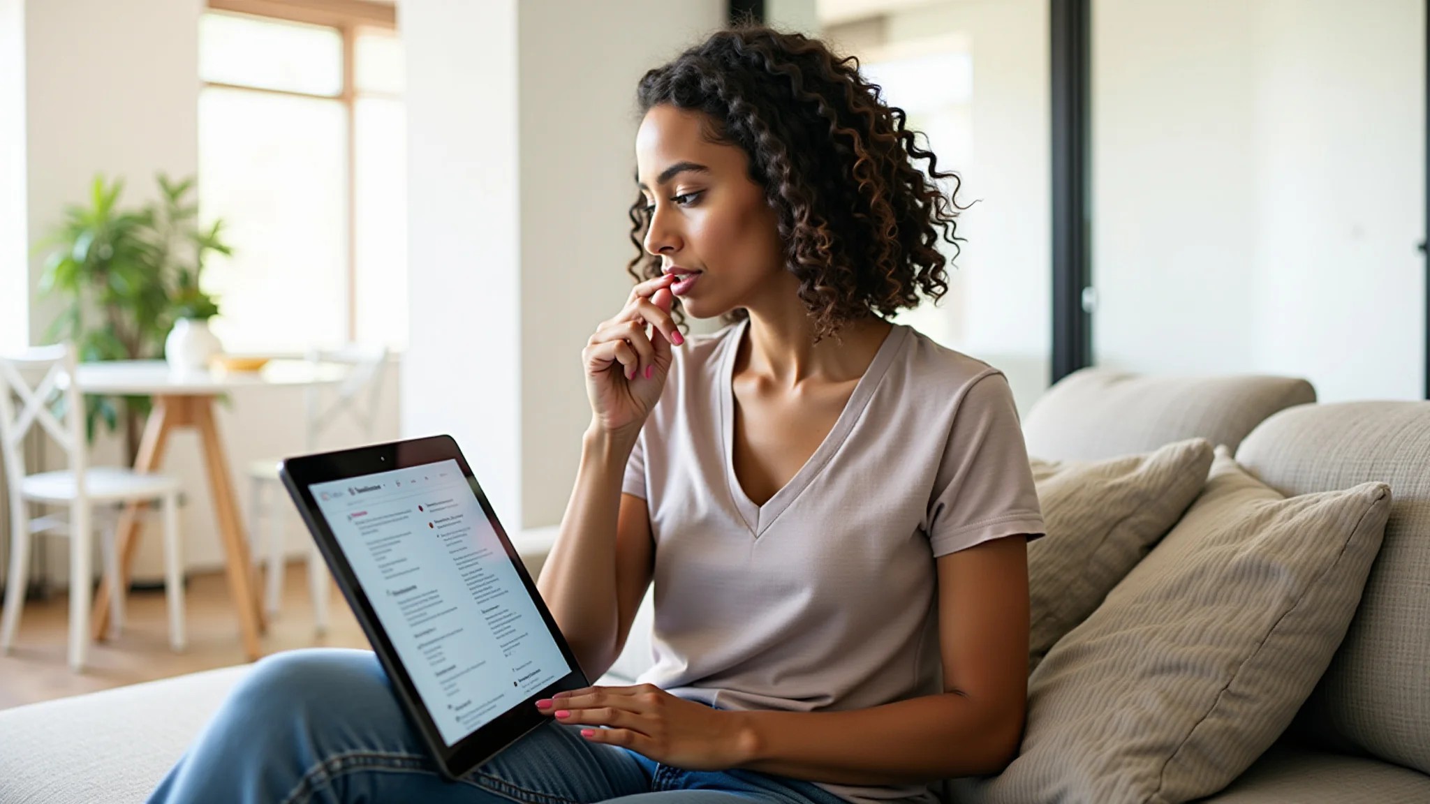 Jovem fazendo teste vocacional online em um tablet, em um apartamento moderno e bem iluminado.