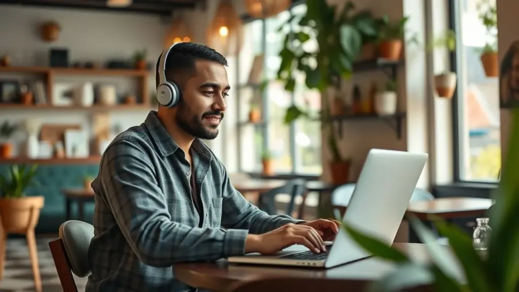 Freelancer: Como Começar Sua Carreira Autônoma Com Sucesso Freelancer brasileiro trabalhando remotamente em cafeteria. Foco, detalhes e iluminação cinematográfica.