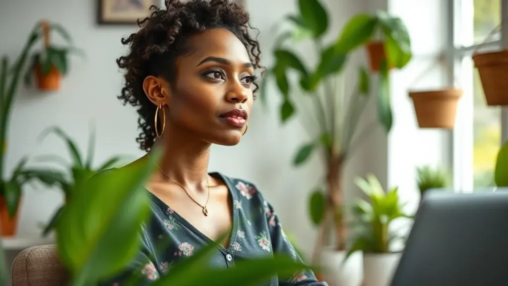 O Que São Seus Valores Pessoais e Como Eles Guiam Sua Vida? Brasileira refletindo sobre seus valores pessoais em um escritório ensolarado e cheio de plantas.
