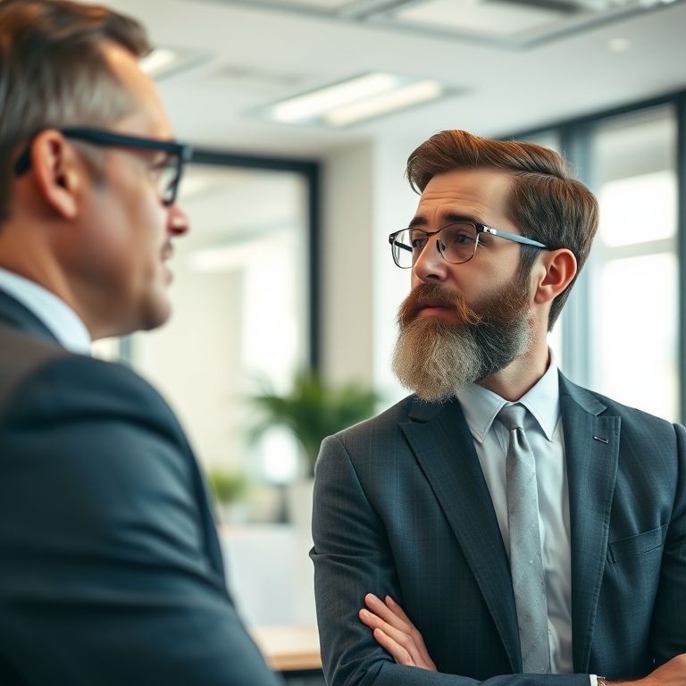 Advogado explicando a lei sobre o uso de barba para um funcionário.