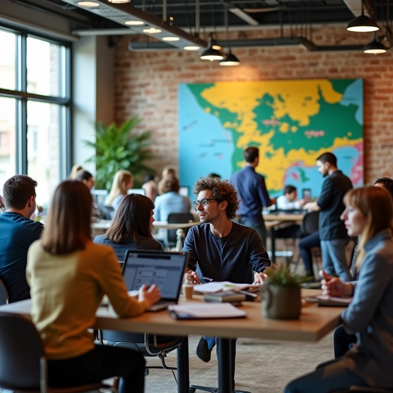 Agência de marketing de influência movimentada com profissionais diversos colaborando em um escritório moderno com arte brasileira.