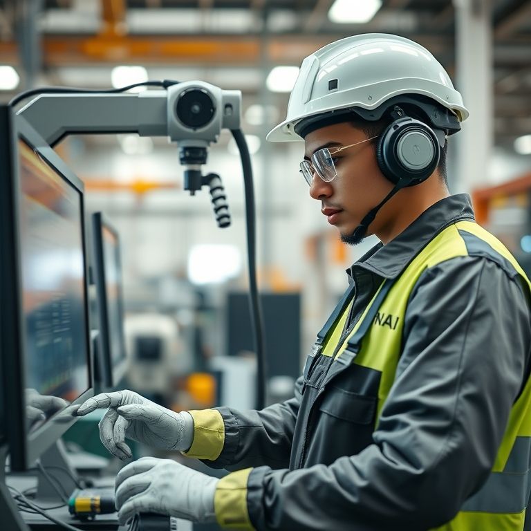 Aluna do SENAI operando robô industrial em laboratório.