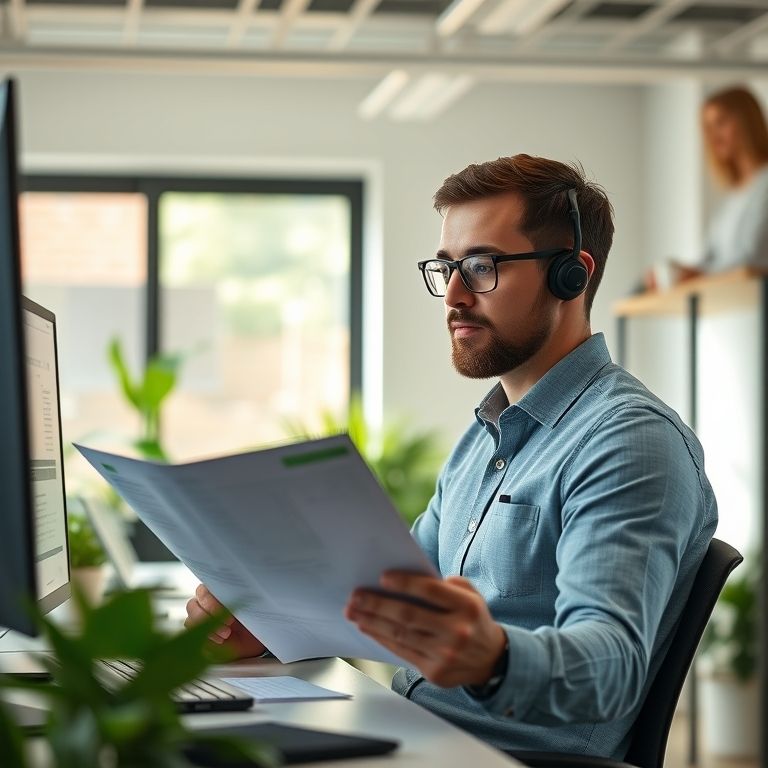 Analista de sistemas estudando certificações em um escritório moderno e inspirador.