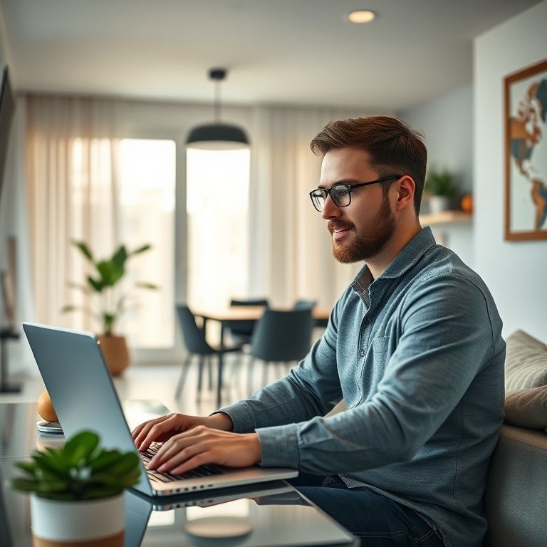 Analista de sistemas fazendo networking online em um apartamento com design brasileiro.