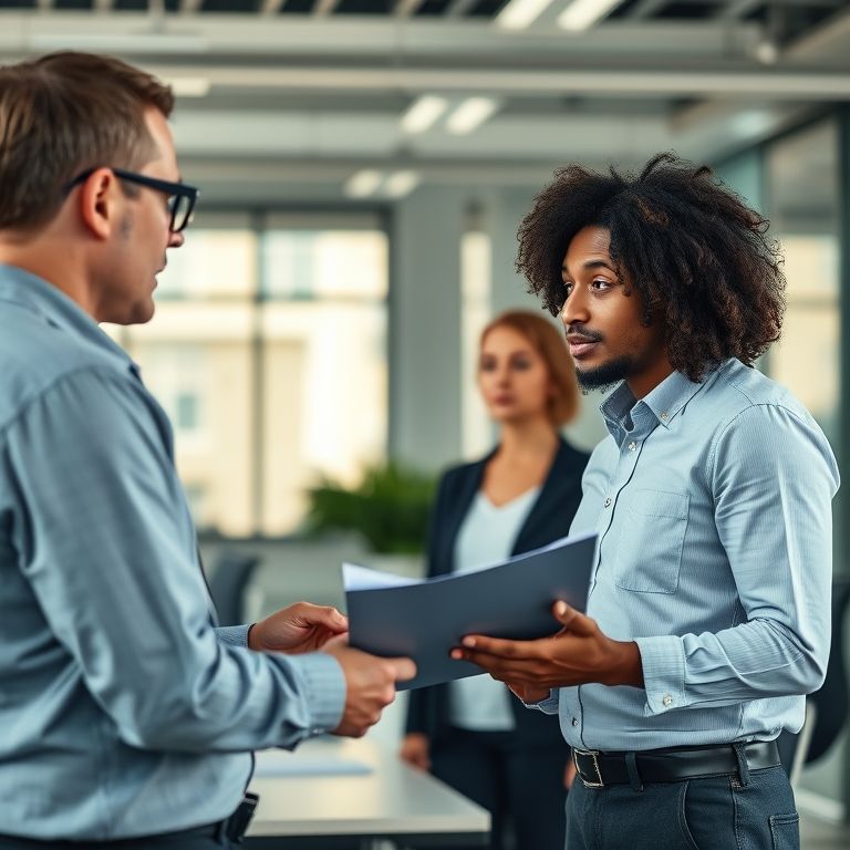 Analista de sistemas negociando salário com um gerente em um escritório moderno.