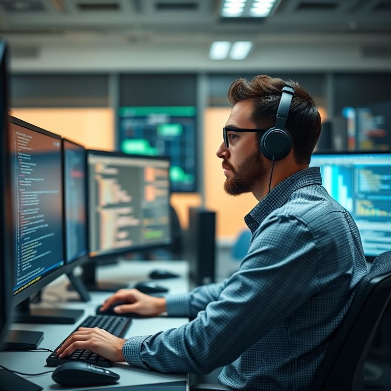 Analista de sistemas trabalhando com várias telas, mostrando habilidades técnicas.