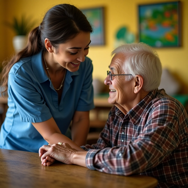 Assistente social ajudando idoso em centro comunitário.