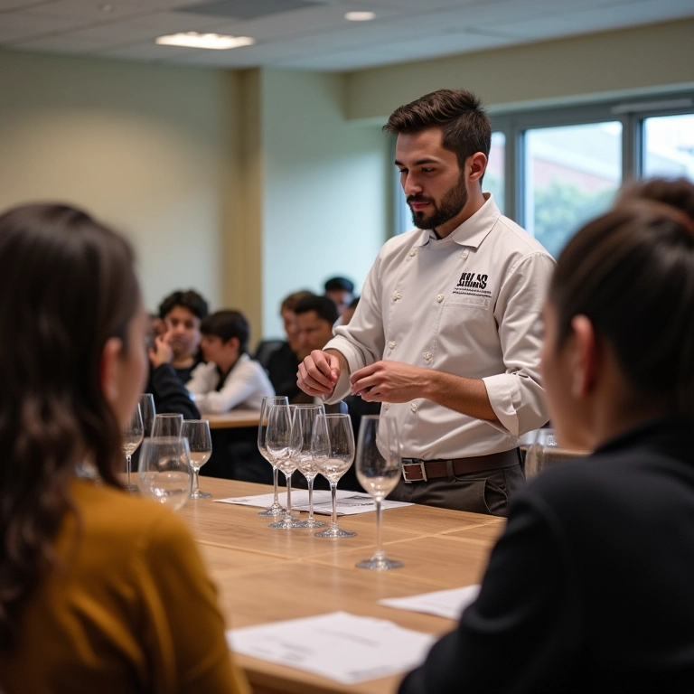 Aula na ABS-SP com sommelier ensinando técnicas de degustação.