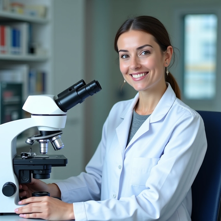 Bióloga trabalhando em laboratório moderno.
