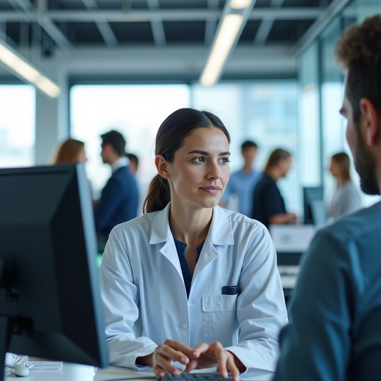 Biólogo analisando dados em um escritório moderno.