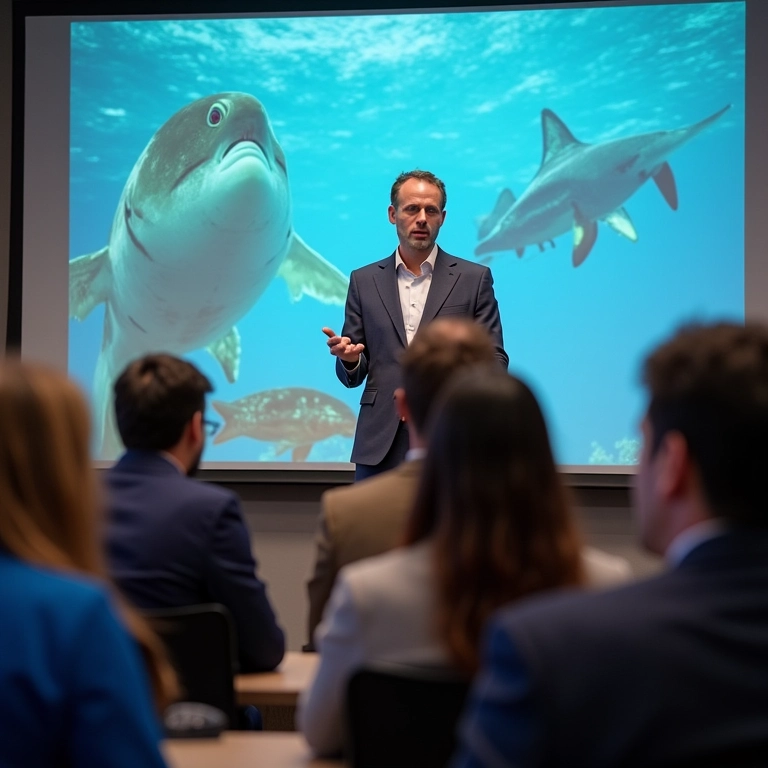 Biólogo marinho apresentando resultados de pesquisa em conferência científica.