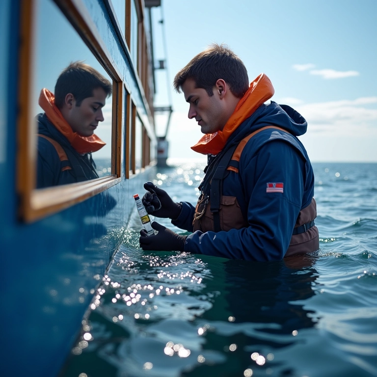 Biólogo marinho coletando amostras de água para pesquisa em alto mar.