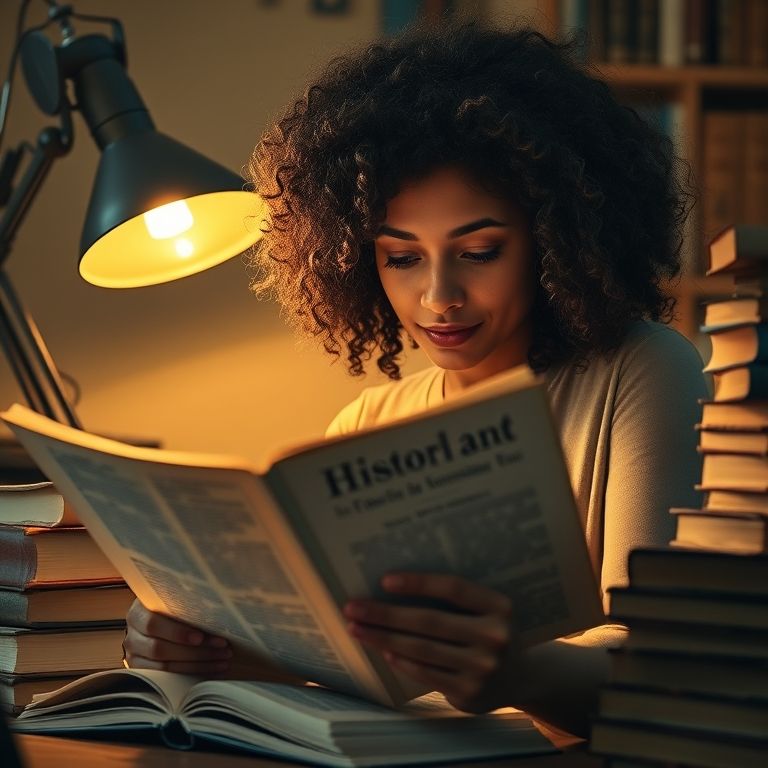 Brasileira lendo documento histórico.