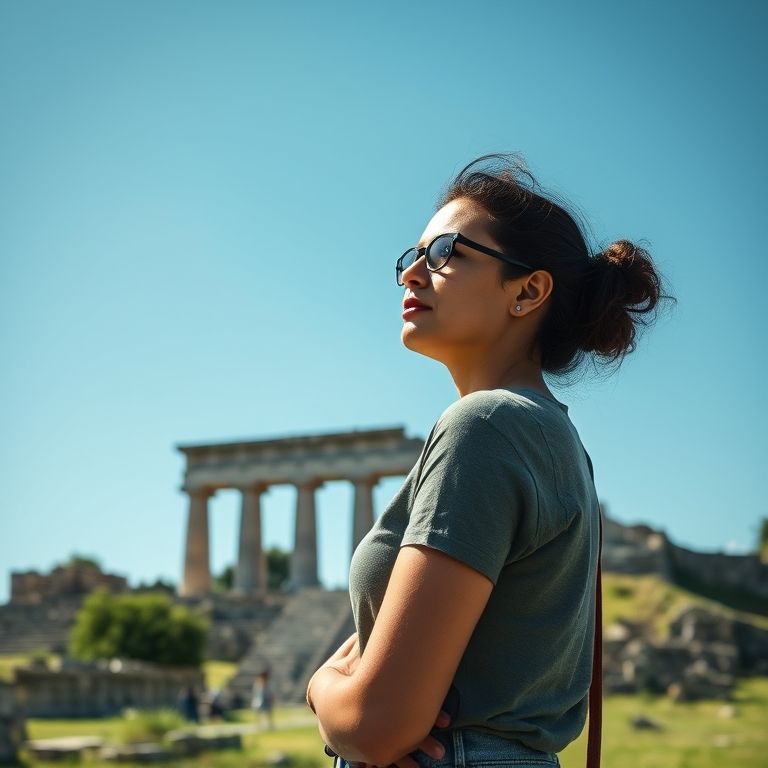 Brasileira reflexiva em sítio arqueológico.