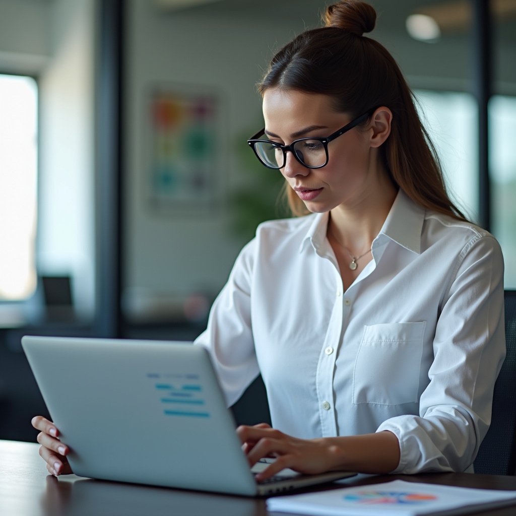 Mulher analisando gráficos de desempenho de SEO no laptop.