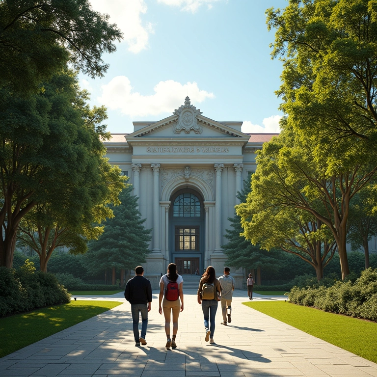 Campus universitário brasileiro com estudantes caminhando em direção à biblioteca.