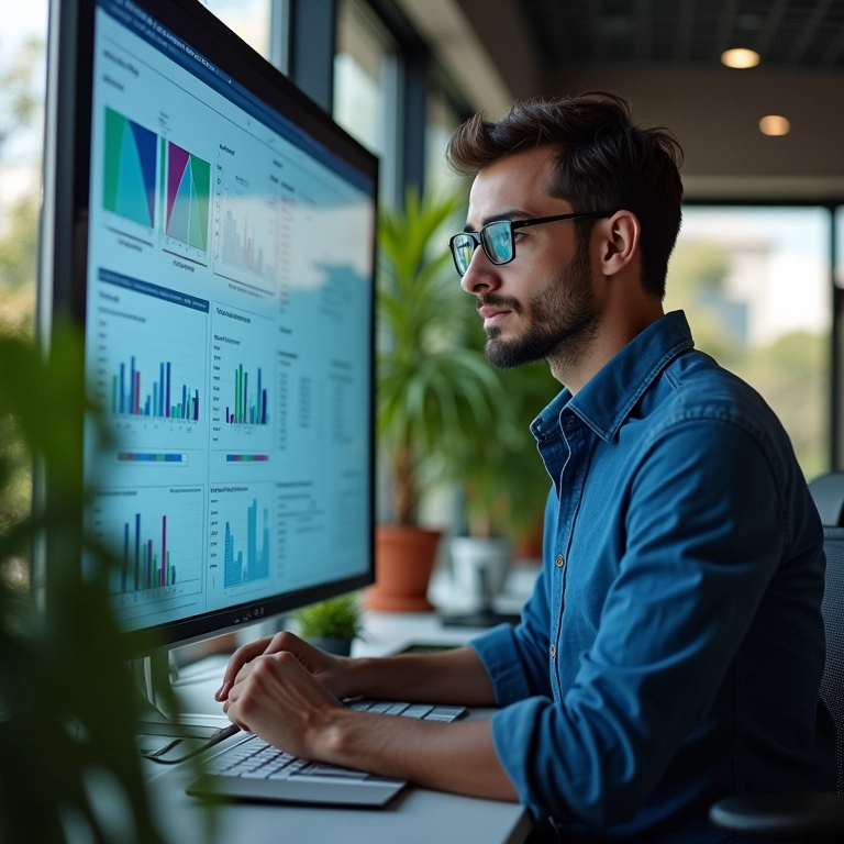 Cientista de dados analisa visualizações complexas em escritório moderno com plantas brasileiras.