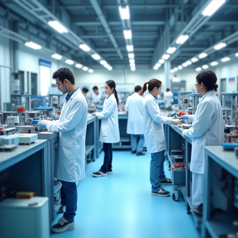 Cientistas trabalhando em laboratório de indústria farmacêutica.