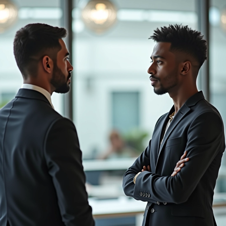 Colegas resolvem conflito no trabalho de forma amigável.
