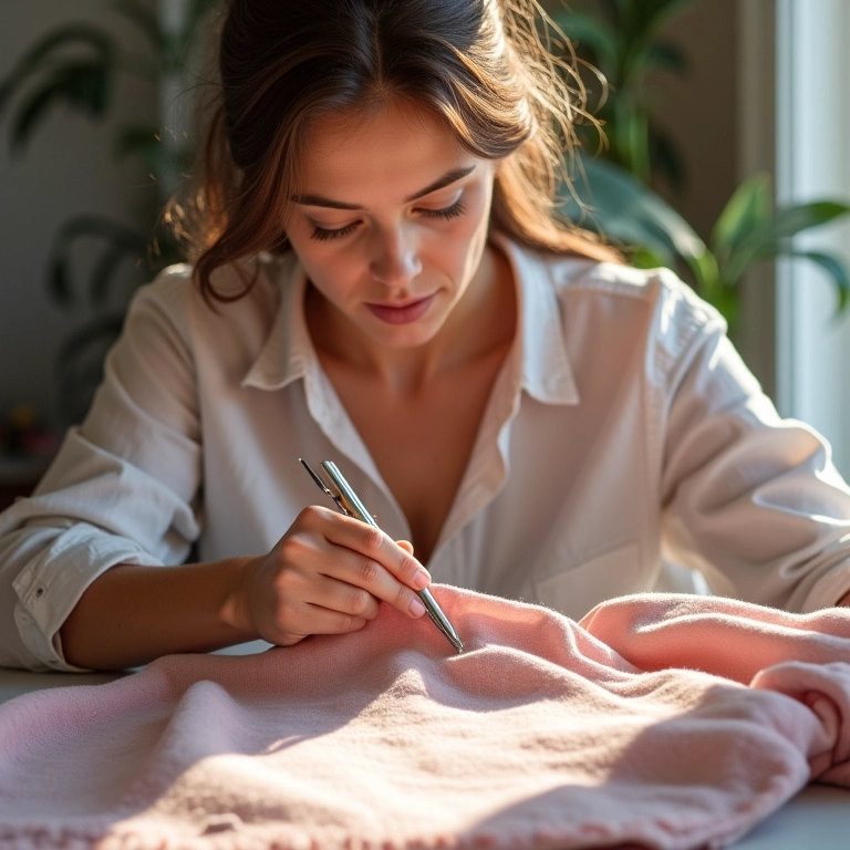 Costureira finalizando peça de roupa.