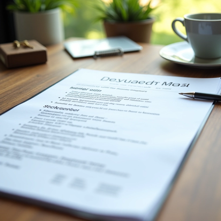 Currículo impecável em uma mesa de madeira, destacando formatação e habilidades essenciais.