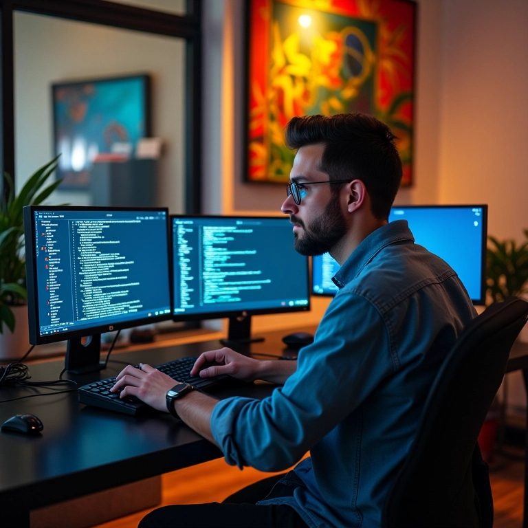 Desenvolvedor de software trabalhando em casa em um ambiente moderno.