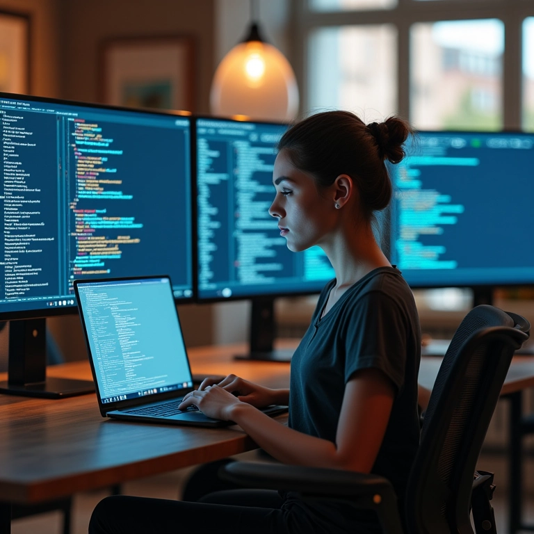 Desenvolvedora de sistemas trabalhando em ambiente moderno.