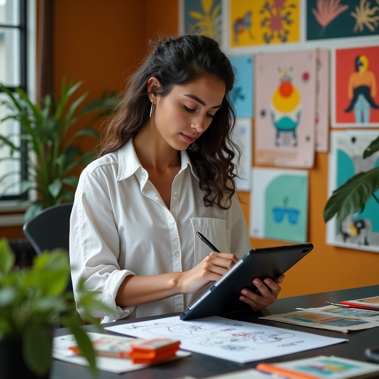 Designer gráfico trabalhando em um projeto criativo em seu estúdio.