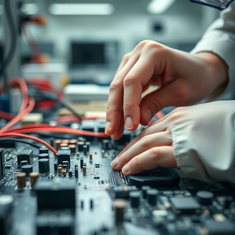 Detalhe de mãos trabalhando em placa de circuito em laboratório do SENAI.