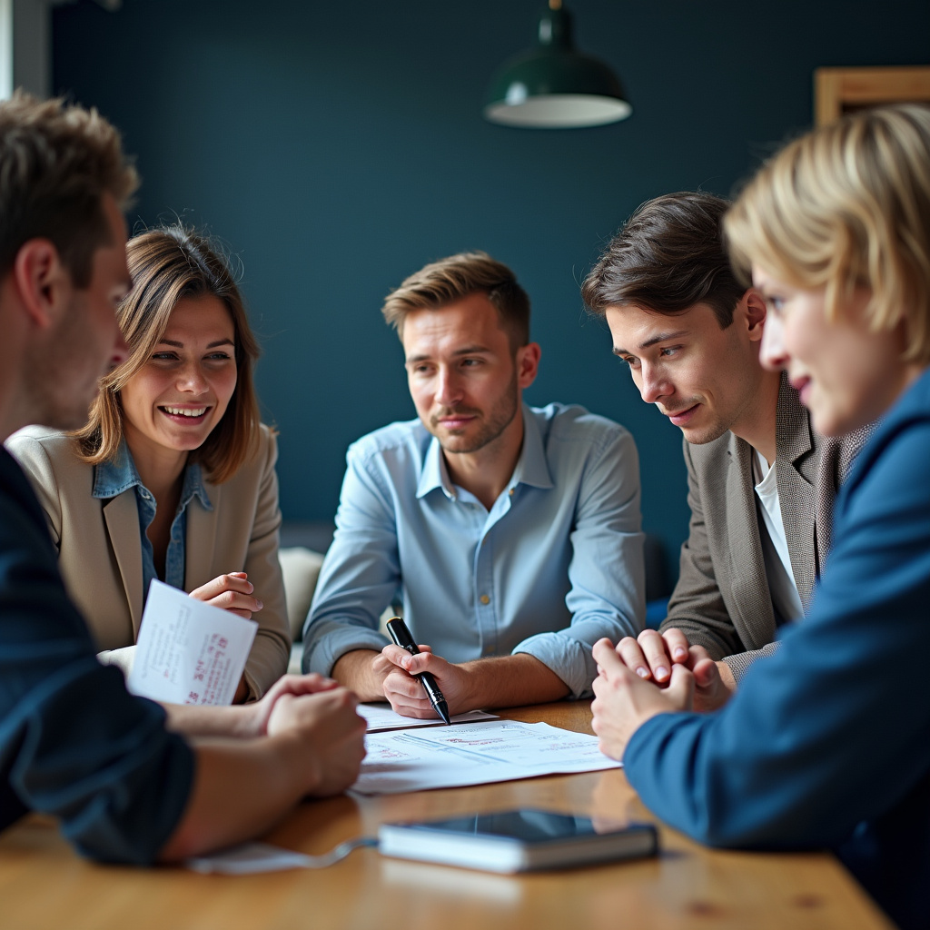 Equipe diversa pesquisando palavras-chave para otimização de conteúdo SEO.