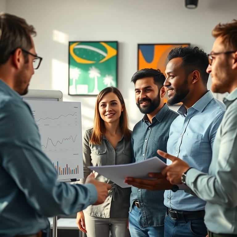 Empreendedores analisando dados da Monetizze em um escritório vibrante.