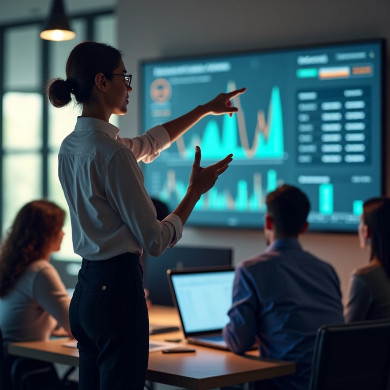 Empresária apontando para gráficos de crescimento de investimentos.