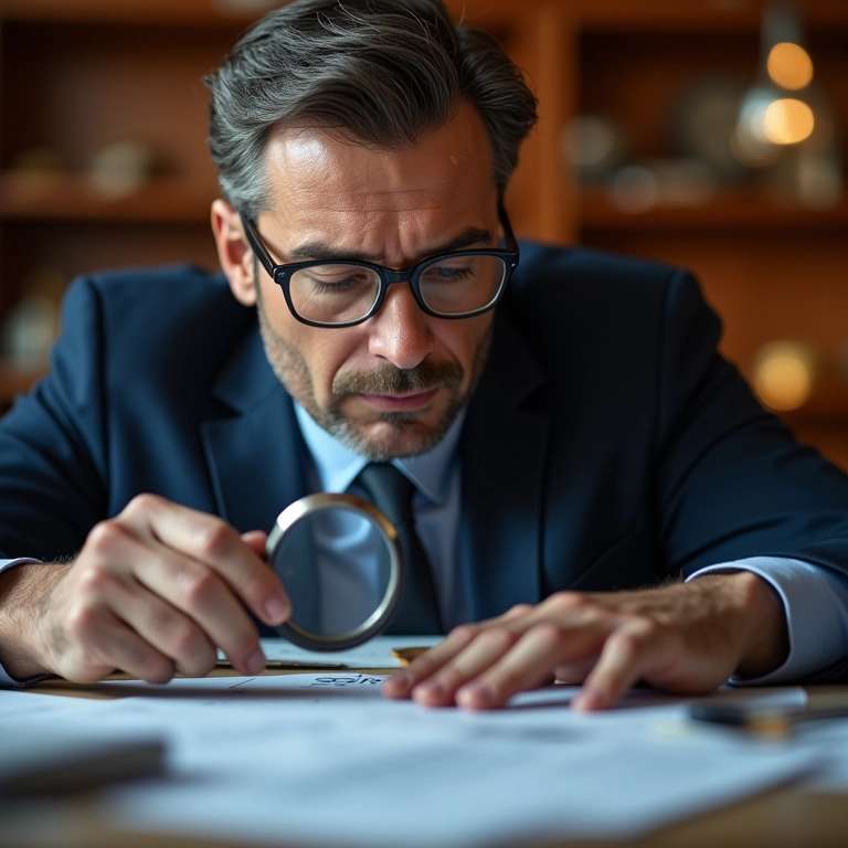 Empresário experiente analisando demonstrativos financeiros com lupa.