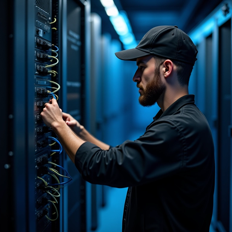 Engenheiro de redes configurando servidores em data center.